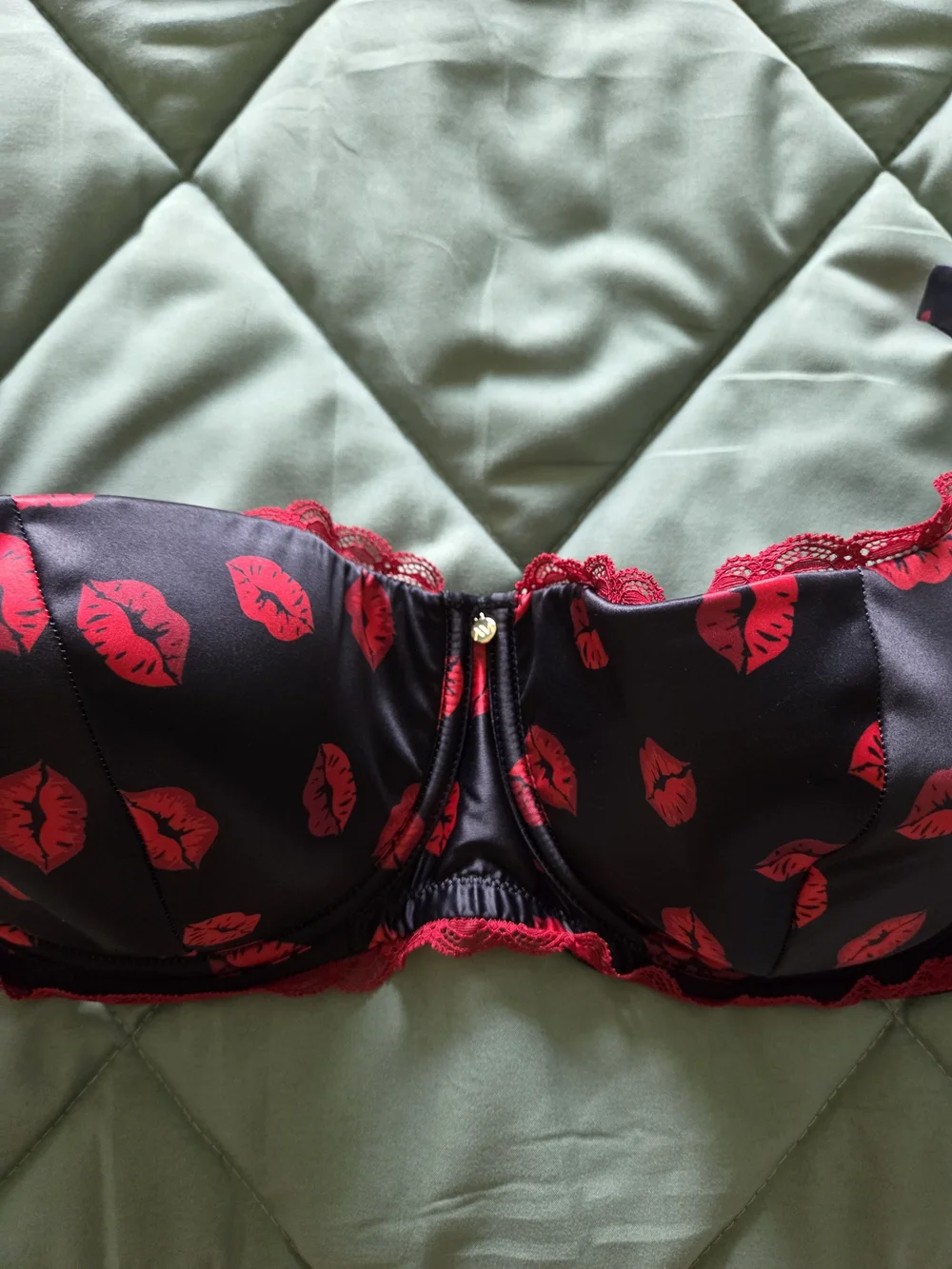 Adore Me Black Bra with Red Lip Print